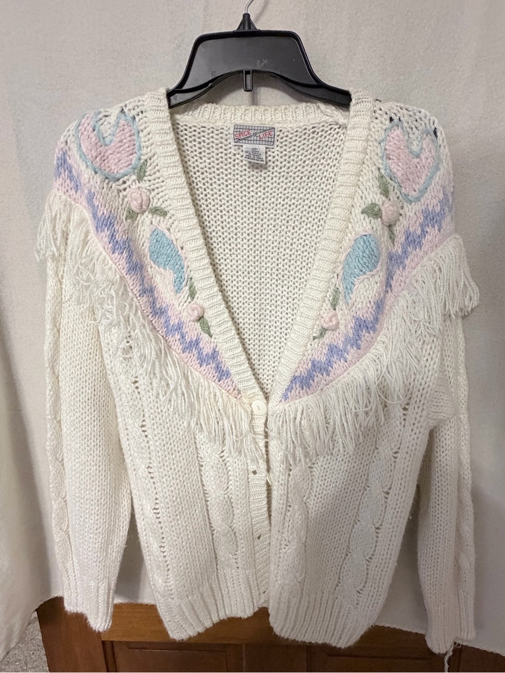 Vintage 80’s Cream Fringe Cardigan Sweater with Pastel Embroidery - Picture 1 of 5